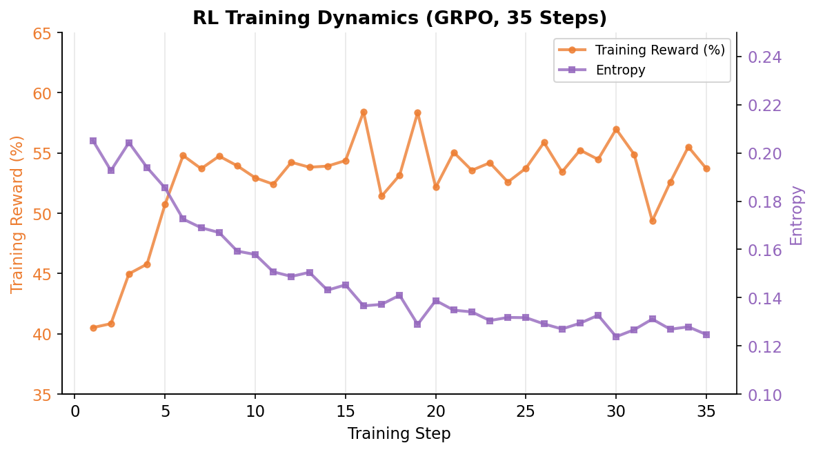 Training dynamics: reward and entropy over steps